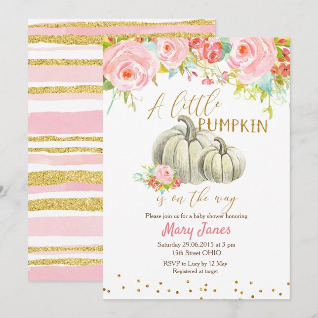 Floral Pink Gold Pumpkin Baby Shower Invitation (Front/Back)