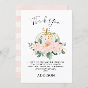 Floral Pink Gold Pumpkin Birthday Thank You Card