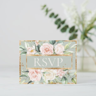 Floral Pink Gold Sage Green Quinceañera RSVP Postcard