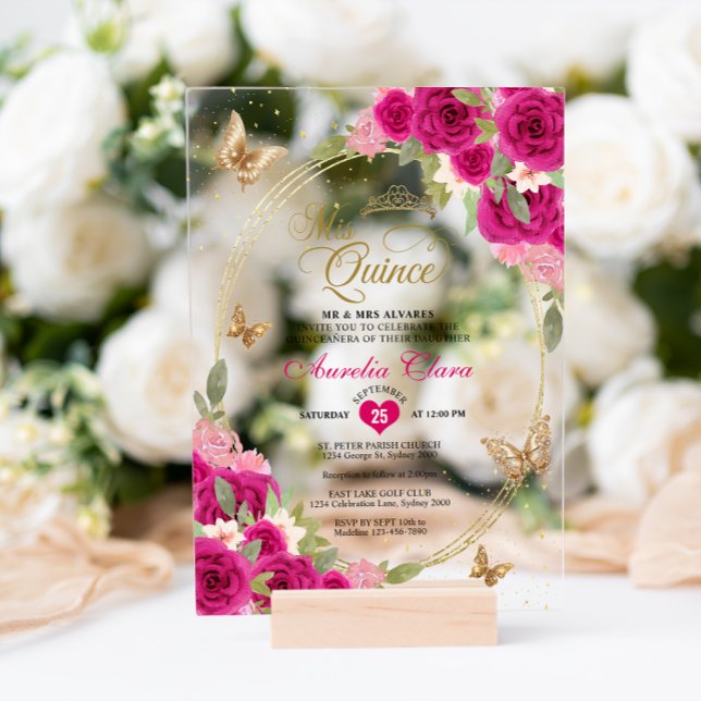 Floral Pink Gold Tiara Butterfly Mis Quinceañera Acrylic Invitations (Creator Uploaded)