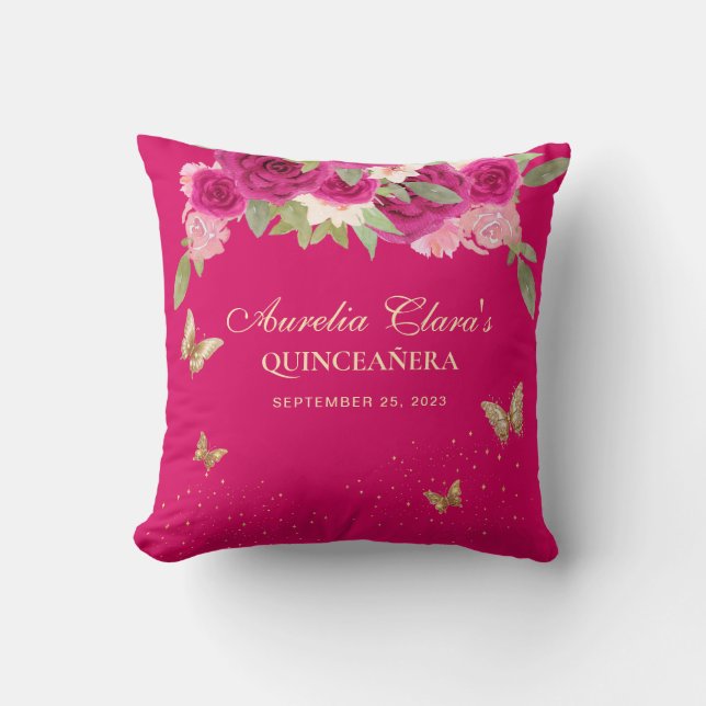 Floral Pink Gold Tiara Butterfly Quinceanera Cushion (Front)