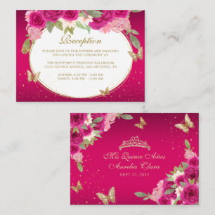 Floral Pink Gold Tiara Butterfly Quinceañera Enclosure Card