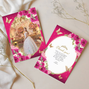 Floral Pink Gold Tiara Butterfly Quinceañera Photo Thank You Card