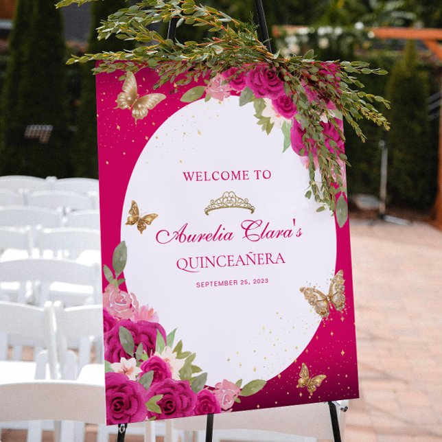 Floral Pink Gold Tiara Butterfly Quinceañera Poster (Creator Uploaded)
