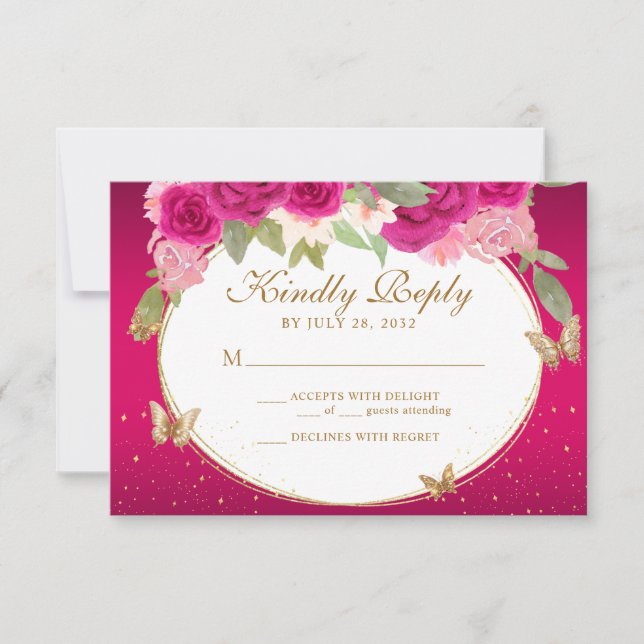 Floral Pink Gold Tiara Butterfly Quinceañera RSVP Card (Front)