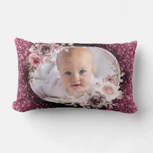 Floral Pink Gold Two Photo Baby Girl cute Lumbar Cushion