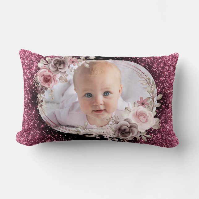 Floral Pink Gold Two Photo Baby Girl cute Lumbar Cushion (Front)