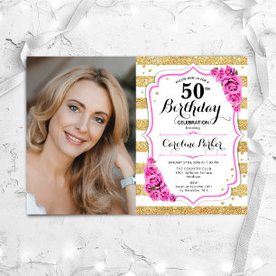Floral Pink Gold White Photo 50th Birthday Invitation