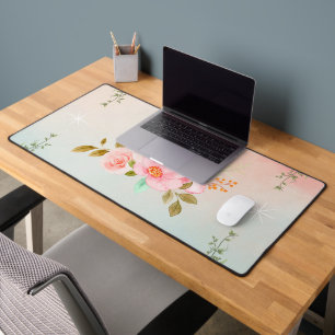 Floral Pink Gradient Art, Flourishing Flowers Desk Mat