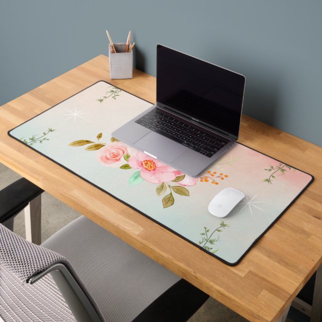 Floral Pink Gradient Art, Flourishing Flowers Desk Mat (Office 2)
