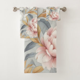 Floral pink gray gold elegant bath towel set
