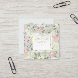 Floral Pink Green Grey Pattern Square Business Card