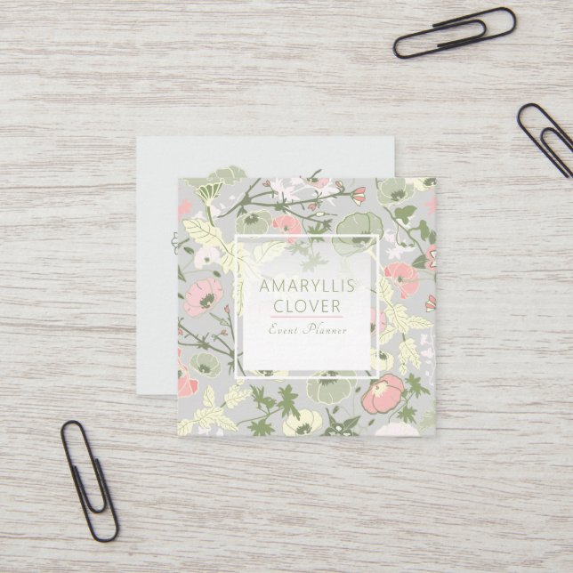 Floral Pink Green Grey Pattern Square Business Card (Front/Back In Situ)