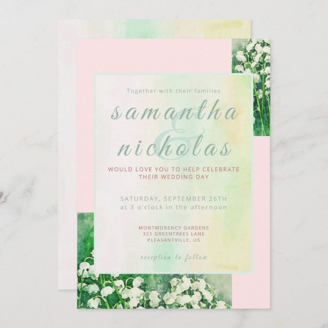 Floral Pink Green Modern Elegant Wedding Invitation (Front/Back)