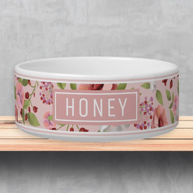 Floral Pink Green Pattern Name Template Pet Bowl (Creator Uploaded)