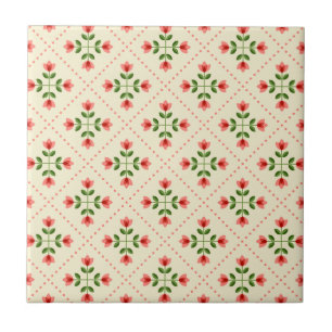 Floral Pink & Green Quilt Folk Art Pattern Ceramic Tile