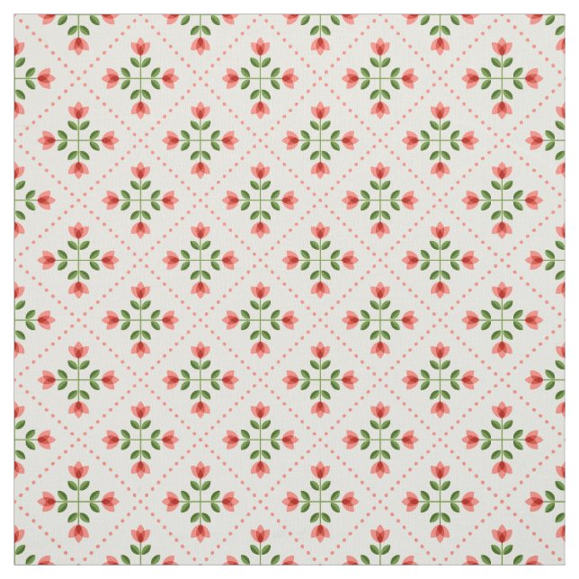 Floral Pink & Green Quilt Folk Art Pattern Fabric (Swatch)