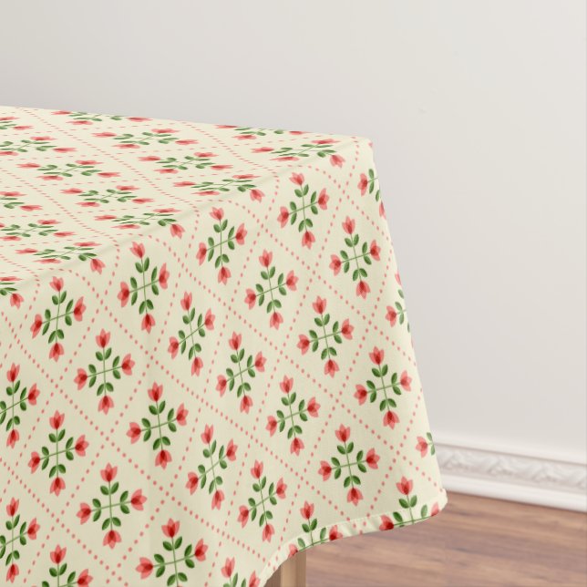 Floral Pink & Green Quilt Folk Art Pattern Tablecloth (In Situ)