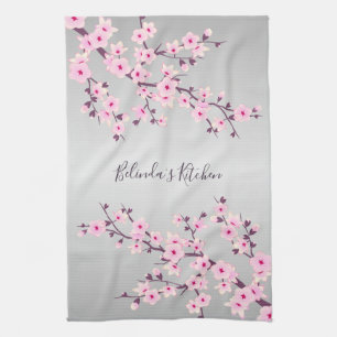 Floral Pink  Grey Cherry Blossoms Personalise Tea Towel