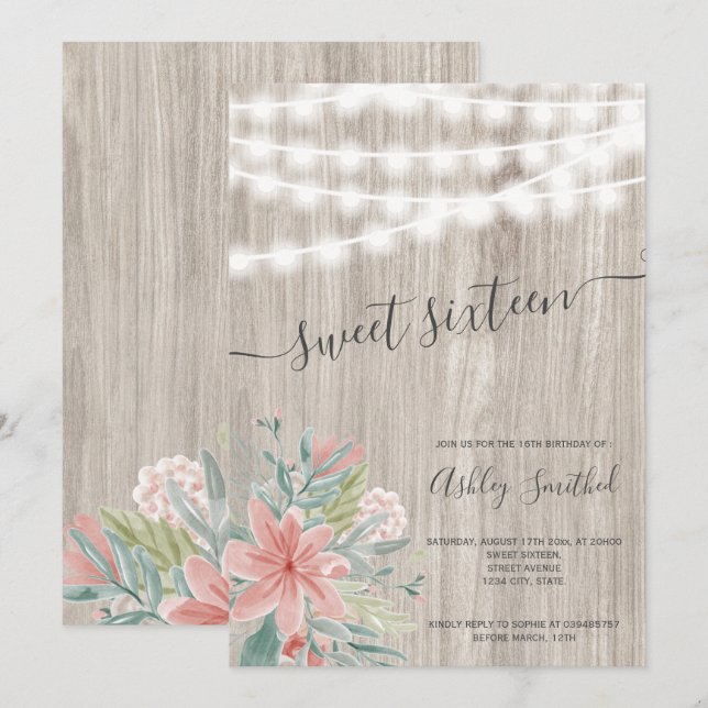 Floral pink grey wood string lights Sweet Sixteen Invitation (Front/Back)