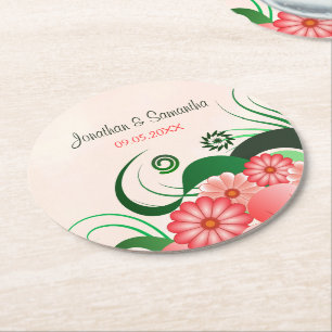 Floral Pink Hibiscus Round Wedding Paper Coasters