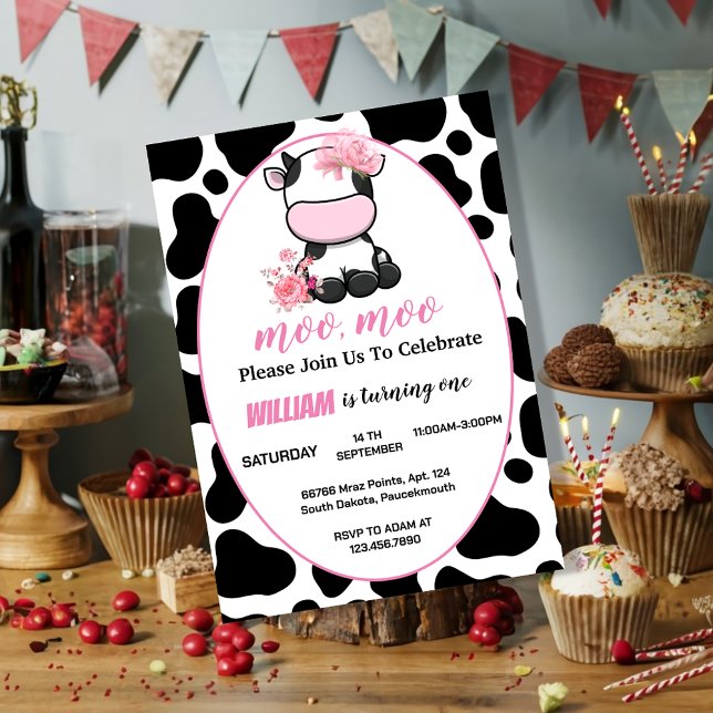 floral pink Holy Cow 1st Birthday Invitation (Creator Uploaded)