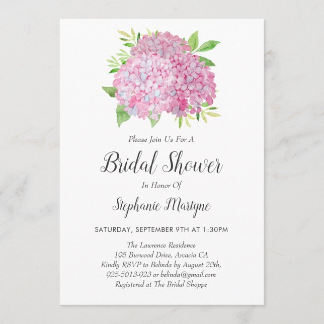 Floral Pink Hydrangea Bouquet Bridal Shower Invitation (Front)