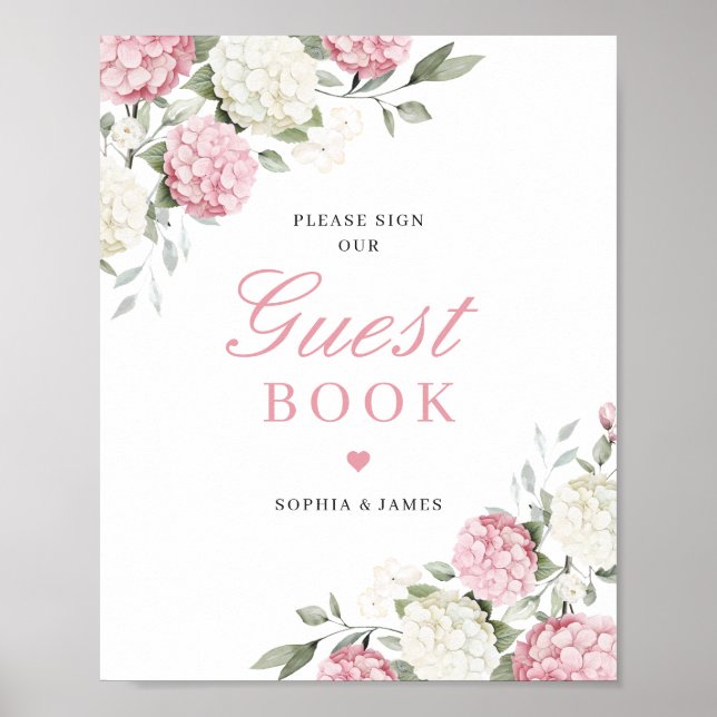 Floral Pink Hydrangea Greenery Wedding Guest Book (Front)