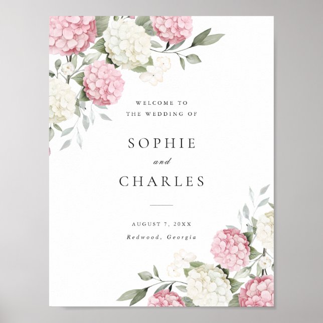 Floral Pink Hydrangea Wedding Welcome Sign (Front)