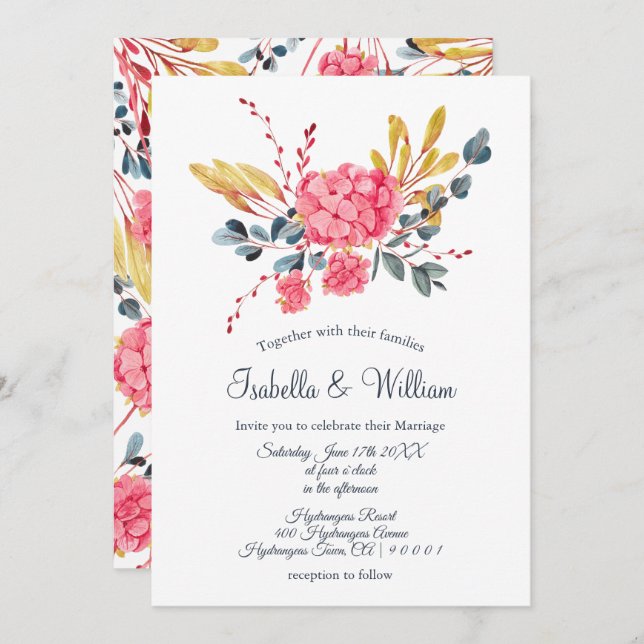 Floral Pink Hydrangeas Bouquet Wedding Invitation (Front/Back)