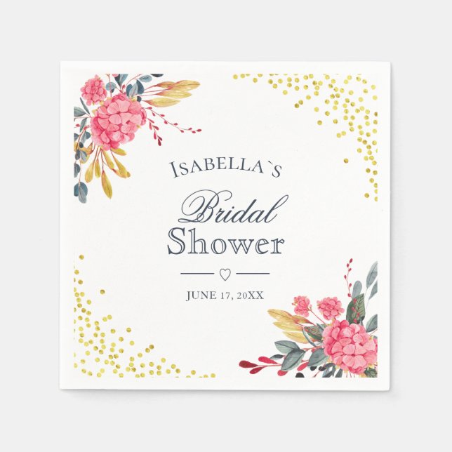 Floral Pink Hydrangeas Faux Gold Bridal Shower Napkin (Front)