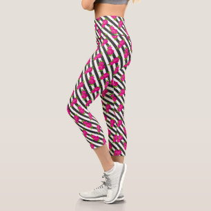 Floral Pink in a Vertical Stripes Capri Leggings