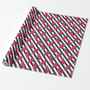 Floral Pink in a Vertical Stripes Wrapping Paper