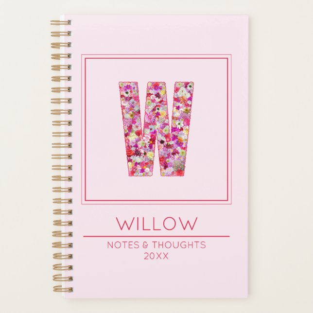 Floral Pink Initial Name Letter W Planner (Front)