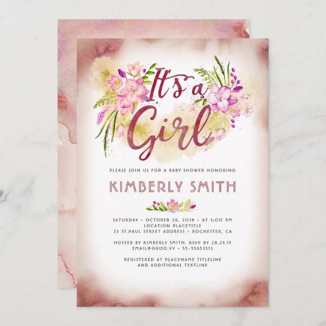 Floral Pink - It's A Girl Baby Shower Invitation (Front/Back)