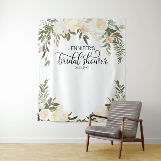 Floral Pink Ivory Bridal Shower PHOTO BACKDROP Tapestry (In Situ)
