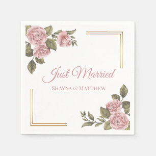 Floral Pink Just Married Elegant Peony Wedding Napkin