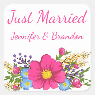 Floral Pink Just Married Watercolor Flower Wedding Square Sticker