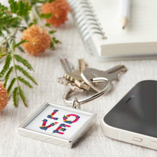 Floral Pink Love Blue & Yellow Flowers Key Ring