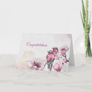Floral Pink Magnolia Birds Wedding Congratulations Card