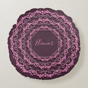 Floral pink mandala on purple background. round cushion