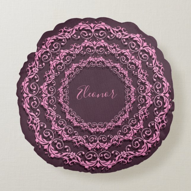 Floral pink mandala on purple background. round cushion (Front)