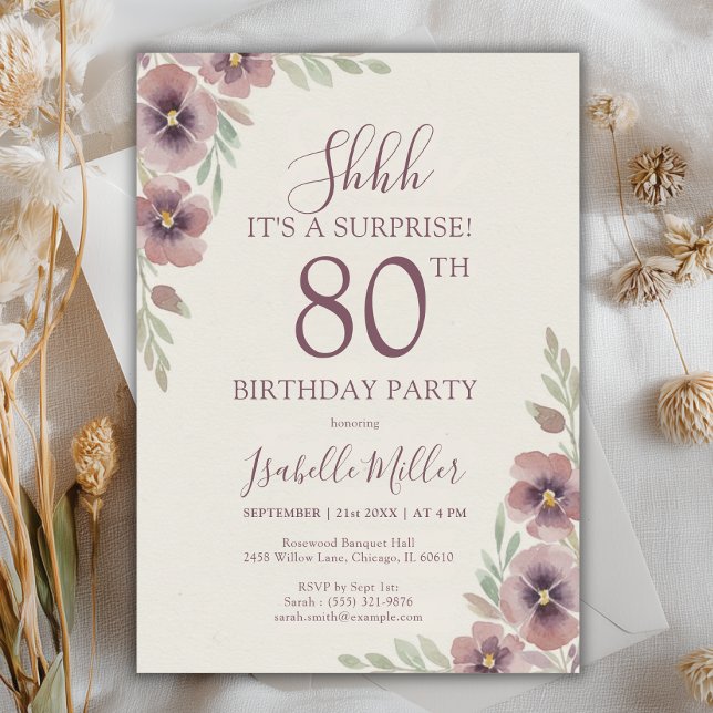 Floral Pink Mauve Surprise 80th Birthday Invitation (Floral Pink Mauve Surprise 80th Birthday Invitation)
