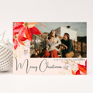 Floral Pink Merry Christmas Two Photo Holiday Card