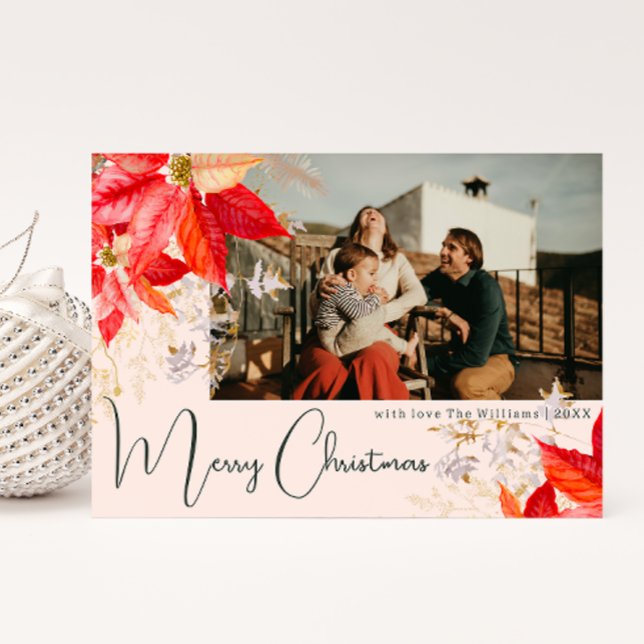 Floral Pink Merry Christmas Two Photo Holiday Card (Creator Uploaded)
