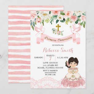 Floral Pink Mexican Girl Holy Communion Invitation