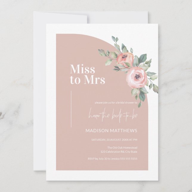 Floral Pink Minimal Arch Miss to Mrs Bridal Shower Invitation (Front)