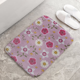 Floral Pink Modern Dianthus & Daisy Hand-Drawn Bath Mat