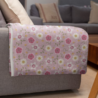 Floral Pink Modern Dianthus & Daisy Hand-Drawn Fleece Blanket