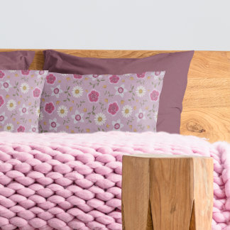 Floral Pink Modern Dianthus & Daisy Hand-Drawn Pillowcase